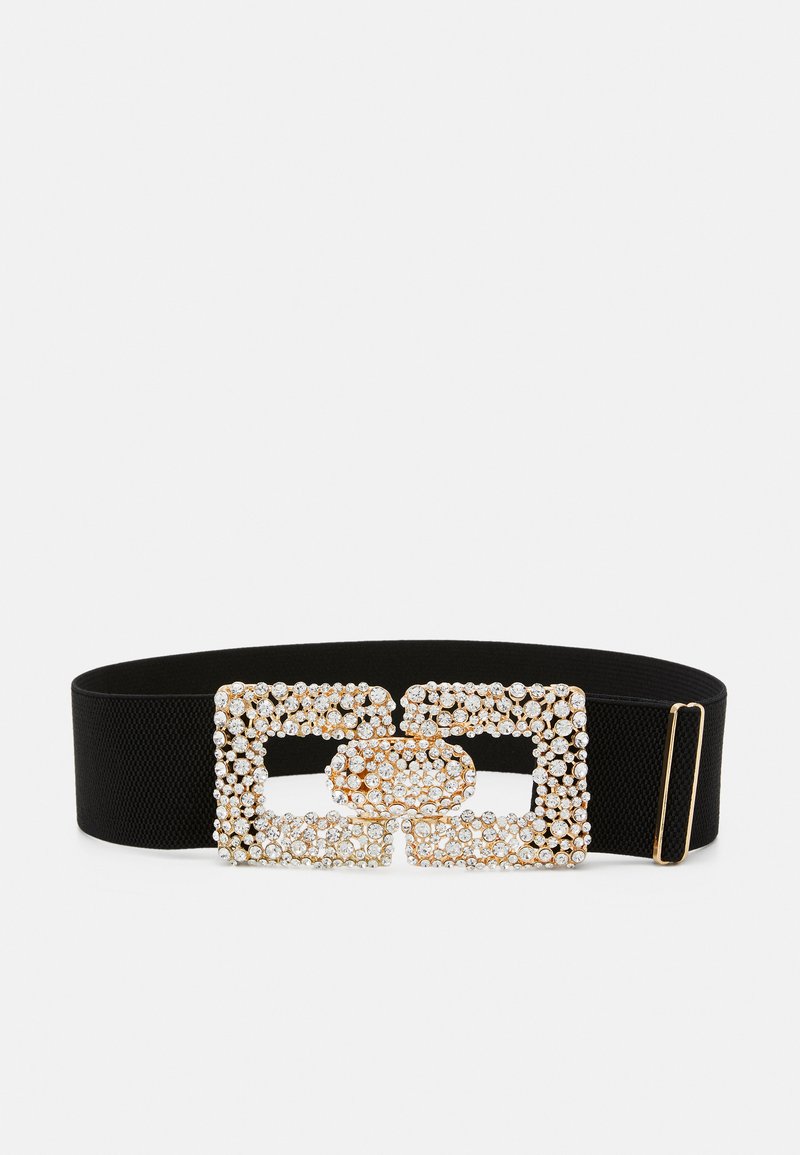 Svart elastisk belte med dobbel rektangulær spenne dekorert med klare krystaller, satt i gullfarget hardware.