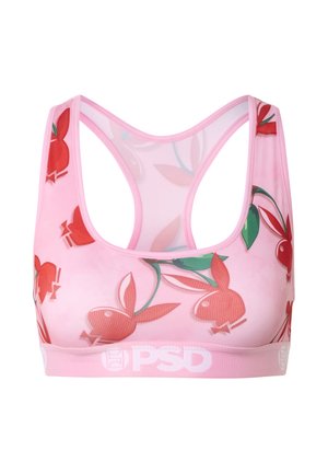 Růžová sportovní podprsenka s úzkým závěsem na zádech, s potiskem červené hlavy zajíčka a zelených listů a logem PSD na elastickém pásku pod prsy.