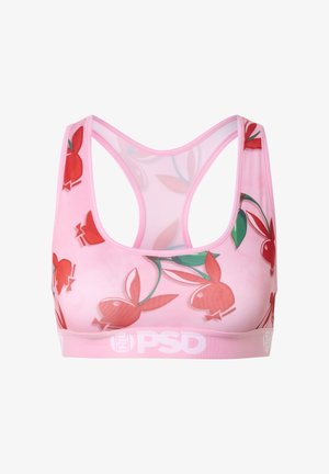 Růžová sportovní podprsenka s úzkým závěsem na zádech, s potiskem červené hlavy zajíčka a zelených listů a logem PSD na elastickém pásku pod prsy.