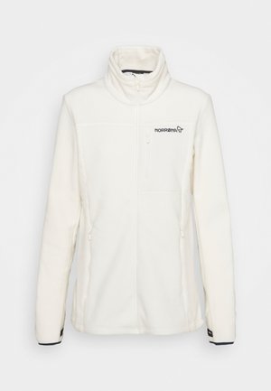 Veste en polaire blanche avec un col haut, fermeture éclair sur le devant et deux poches latérales. Présente le logo Norrona en noir sur la poitrine. Texture douce.