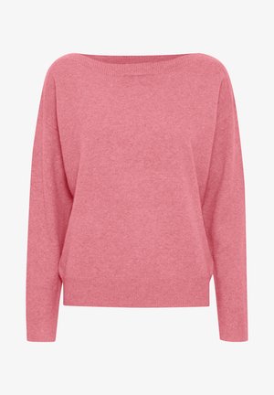 Ružičasti oversized pulover od mekog pletenog materijala. Ima široki izrez i duge rukave s rebrastim završecima i rubovima. Jednostavan i udoban dizajn.