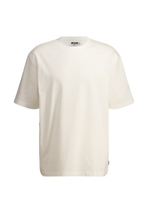 White cotton t-shirt with short sleeves, a crew neck, and a relaxed fit. Features a straight hem and minimal branding at the side.