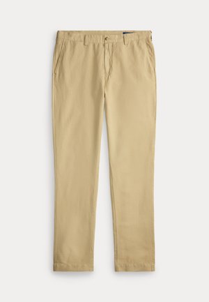 Beige chino broeken voor mannen met rechte pijpen, voorzakken en riemlussen, afgebeeld op een effen witte achtergrond.