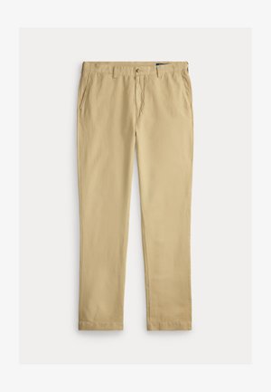 Men’s beige straight-leg chino pants with front pockets and belt loops on a plain white background.