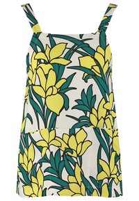 Blumenkleid mit gelben Blumen und grünen Blättern auf einem weißen Hintergrund. Verfügt über verstellbare Träger und ein strukturiertes Design.