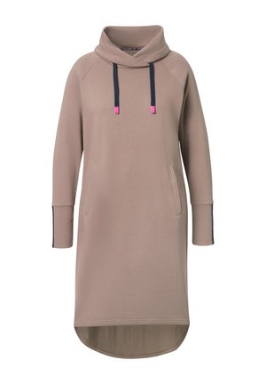 Beige long-sleeve dress with a cowl neck, two side pockets, and navy-blue accents on sleeve hems and drawstring with pink tips.