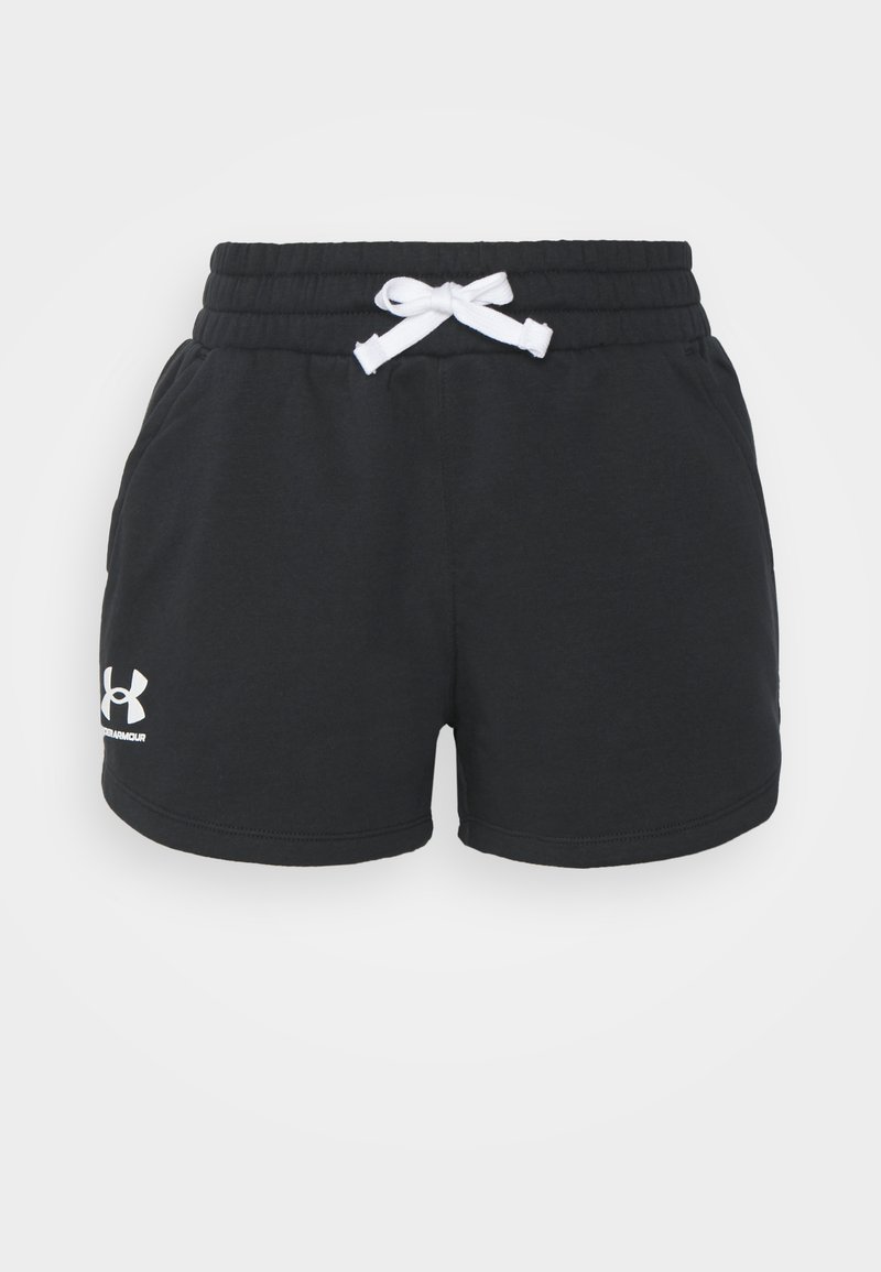 Pantalones cortos de algodón negros con cintura con cordón, bolsillos laterales y logo blanco en la pierna izquierda. Textura suave, diseño informal.