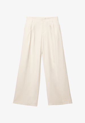 Lange broek met wijde pijpen in een lichtbeige kleur, gemaakt van een zachte, gestructureerde stof. Heeft voorplooien en een elastische tailleband voor een comfortabele pasvorm.