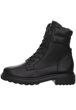 Black leather ankle boot with a rounded toe, lace-up front, padded collar, and rugged sole. Features textured leather and a sturdy design.