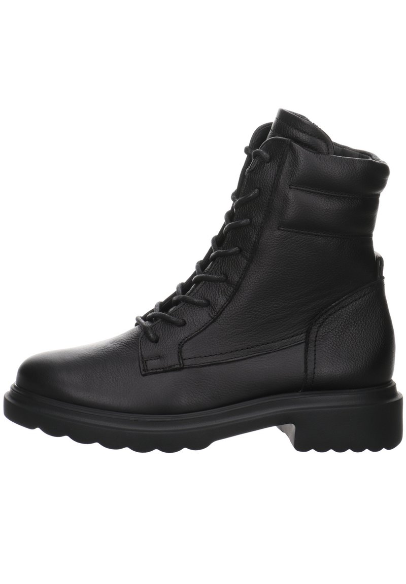 Černá kožená kotníková bota s kulatou špičkou, šněrováním vpředu, polstrovaným límcem a robustní podr ážkou. Obsahuje strukturovanou kůži a odolný design.