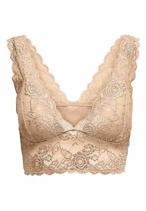 Lace bralette in light beige with scalloped edges, floral pattern, and v-neck design. Soft texture and no underwire for comfort.