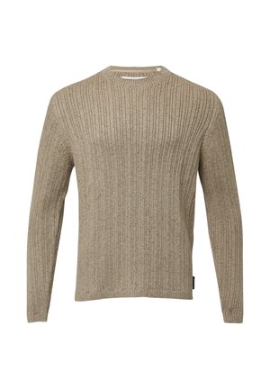 Bēšas ribota adīta garām piedurknēm džemperis ar apaļu kakla izgriezumu, taisnu apakšmalu un mazu melnu auduma etiķeti sānos.