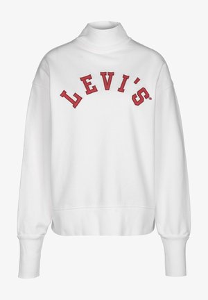 Weißer Pullover mit hohem Kragen und einem roten, in Bogenform gestickten "LEVI'S"-Logo. Gerippte Bündchen und Saum mit weicher Textur.