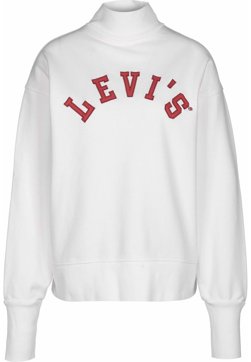 Sudadera blanca con cuello alto, con el logo "LEVI'S" bordado en rojo en forma de arco. Puños y dobladillo acanalados con una textura suave.