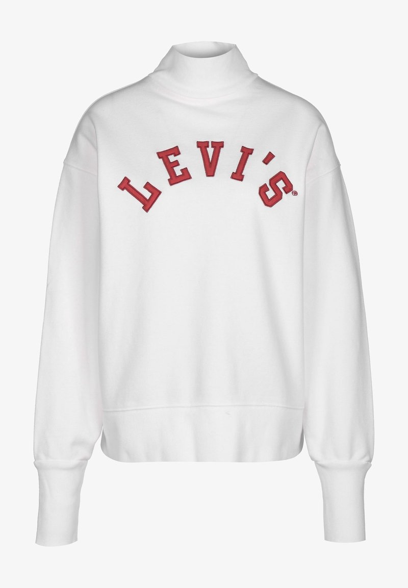 Sudadera blanca con cuello alto, con el logo "LEVI'S" bordado en rojo en forma de arco. Puños y dobladillo acanalados con una textura suave.