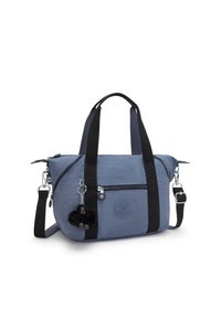 Borsa di stoffa blu con dettagli neri, doppie maniglie, tracolla staccabile, tasca anteriore con zip e un portachiavi a forma di scimmia.