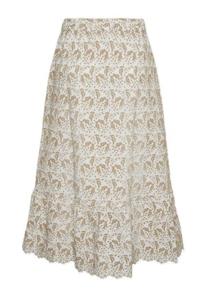 Floral print skirt featuring a cream base with brown paisley patterns, elastic waistband, and a ruffled hemline. Cotton fabric.