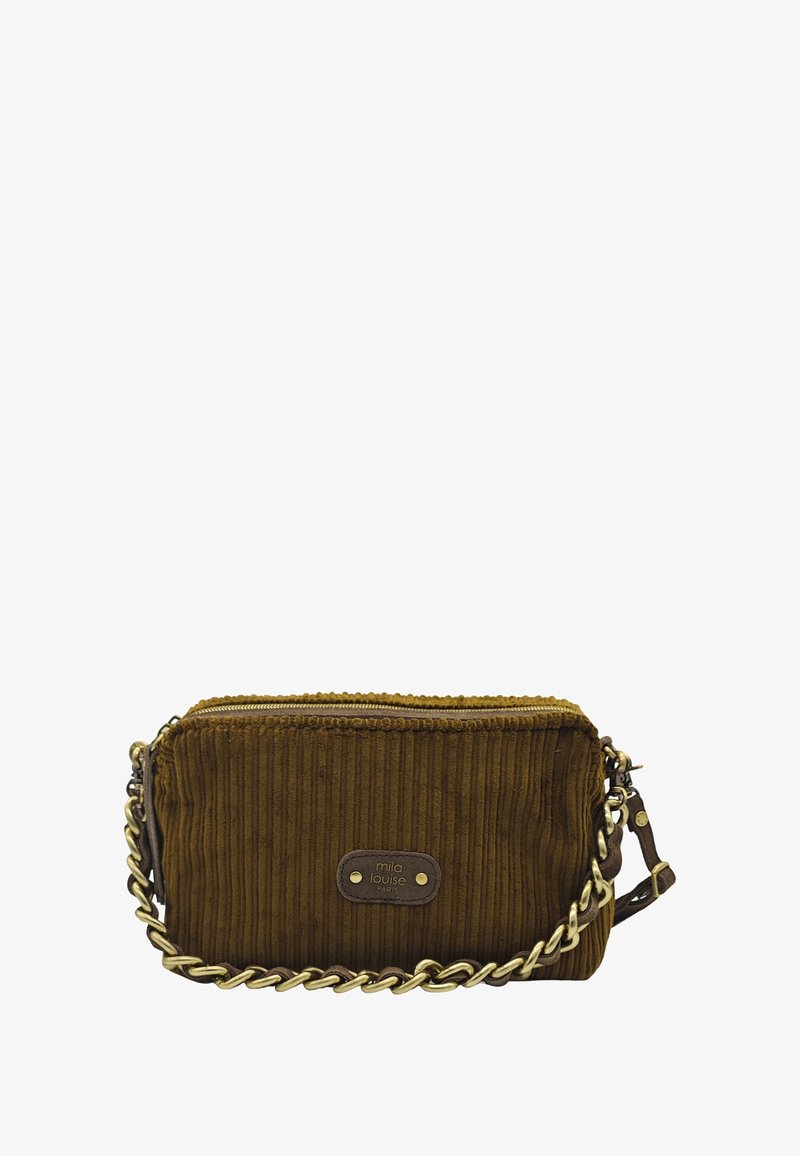 Sac bandoulière en velours côtelé marron avec une chaîne dorée, dotée d'une fermeture éclair et d'une petite plaque avec un détail du logo sur le devant.