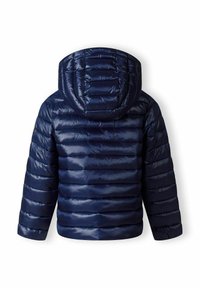Mörkblå puffjacka med huva, med ett kviltat mönster, glänsande finish och elastiska cuffar för komfort och värme.