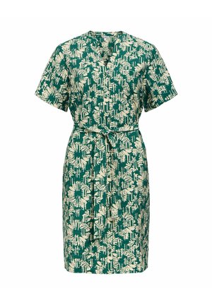 Zelené šaty s krátkými rukávy na knoflíky s abstraktním béžovým vzorem a páskem v pase, délka ke kolenům, rovný střih.