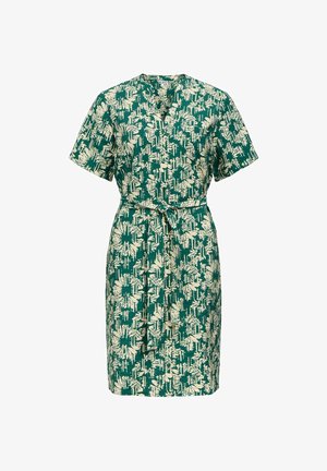 Zöld rövid ujjú, gombos ruha absztrakt bézs mintával és derékpánttal, térdig érő, egyenes szabású.