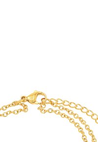 Collana in oro con più strati, caratterizzata da maglie texturizzate e gancio a moschettone. Finitura liscia e lucida con qualità riflettenti.