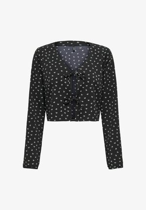 Fekete, rövidített kardigán hosszú ujjakkal, virágmintával és V-nyakkivágással, elöl két kis masnival megkötve.