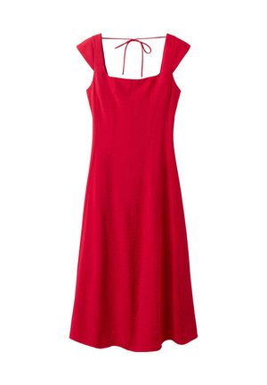 Vestido midi rojo sin mangas con escote cuadrado y lazo fino en la parte trasera, que se abre ligeramente hacia el dobladillo.