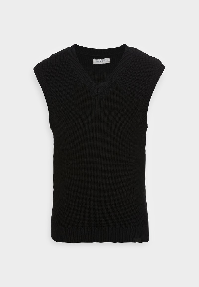 Schwarze ärmellose Strickweste mit V-Ausschnitt und geripptem Muster, mit einem glatten Saum und ohne zusätzliche Verzierungen.