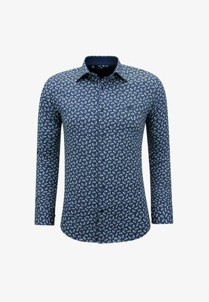 Navyblauw overhemd met knopen, voorzien van een wit bloemenpatroon, lange mouwen, een getailleerde kraag en een slankvallend ontwerp.