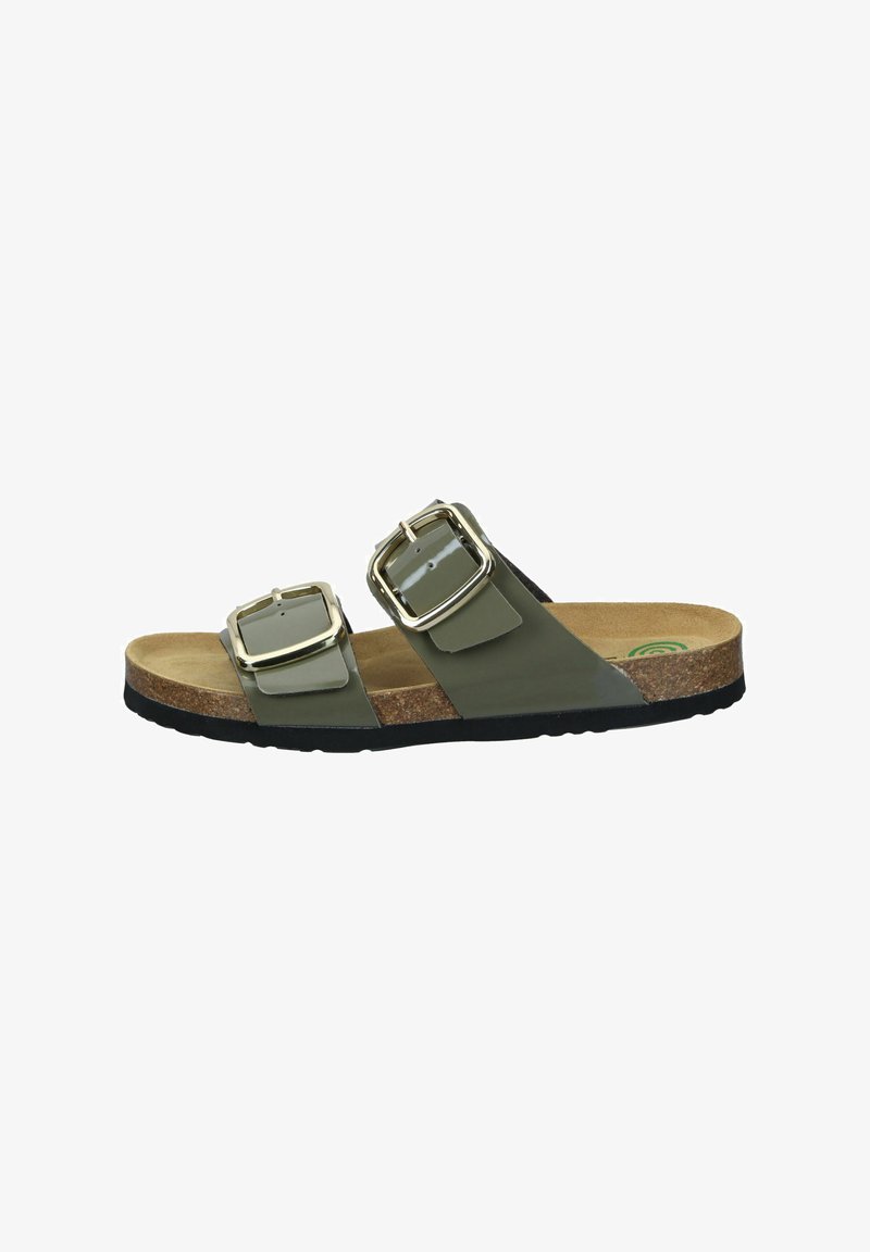 Green sandals with two adjustable metallic buckles, cork footbed, and black rubber sole. Smooth texture with a flat design.