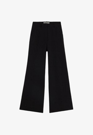 Schwarze weit geschnittene Hose aus glattem Stoff, mit hoher Taille, zwei Vordertaschen und einem sauberen Finish ohne sichtbare Metallteile.