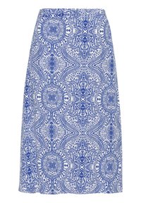 Weißer Rock mit kunstvollen blauen symmetrischen Blumen- und Paisleymustern, die den gesamten Stoff bedecken.