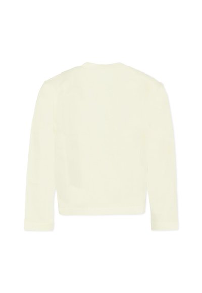 Jasnożółty sweter z długim rękawem i okrągłym dekoltem, wykonany z miękkiego materiału, o gładkim wzorze i lekko skróconym kroju.