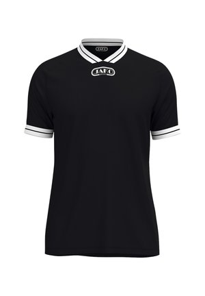 Camiseta deportiva negra de manga corta con cuello y puños de manga a rayas blancas, con el logo de JAKO Sport en el pecho y en el interior del cuello.