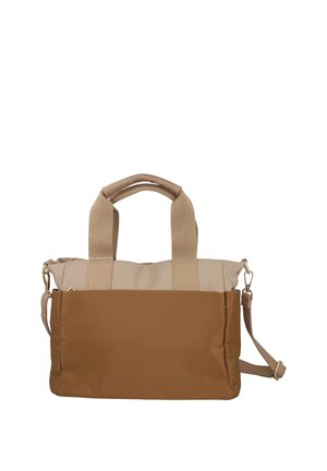 Bolso de mano bicolor marrón y beige con dos asas y una correa de hombro ajustable, mostrado sobre un fondo blanco.