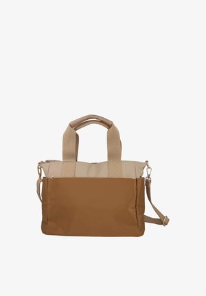 Bolso de mano bicolor marrón y beige con dos asas y una correa de hombro ajustable, mostrado sobre un fondo blanco.