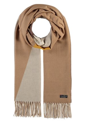 Zachte wollen sjaal in beige en lichtgrijs met franjes aan de uiteinden, opgevouwen in een lus waarbij de kleurvlakken en een klein merkembleem zichtbaar zijn.