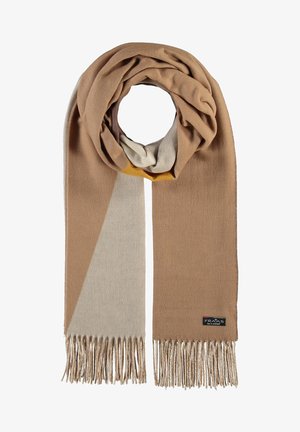Écharpe en laine douce beige et gris clair avec des extrémités à franges, pliée en boucle et affichant ses blocs de couleur ainsi qu'une petite étiquette de marque.