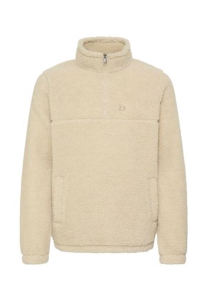 Sælgeren er en kræsset fleecepullover i cremet farve med halvlukket krave, elastiske manchetter og sidelommer; den har struktureret, blød stof og et logo på brystet.
