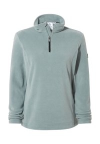 Light blue fleece pullover with a quarter zipper and high collar, long sleeves with slightly scrunched cuffs.