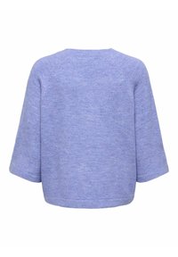 Pull en maille violet clair à manches trois-quarts vu de dos sur un fond blanc.