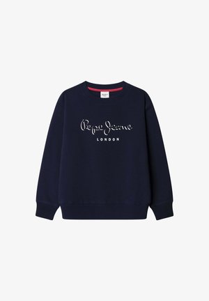 Marineblauer Sweatshirt aus Baumwolle mit Rundhalsausschnitt, langen Ärmeln und weißem Schriftzug "Pepe Jeans LONDON" auf der Vorderseite.