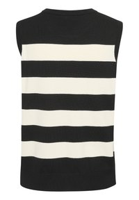 Sleeveless knit top featuring alternating black and cream horizontal stripes, with a round neckline and a straight hem.