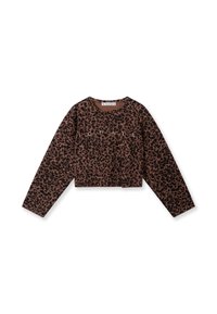 Top à manches longues court en marron avec un motif léopard. Doté d'un col rond et d'une texture douce, avec un logo imprimé sur le devant.