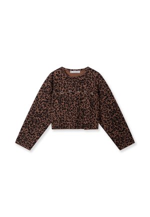Top corto a maniche lunghe color marrone con un motivo animalier a macchie di leopardo. Presenta un collo rotondo e una texture morbida, con un logo stampato sulla parte anteriore.