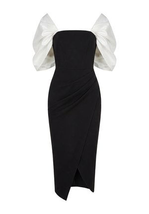 Goddiva, CONTRAST OFF SHOULDER BACK SATIN BOW SCUBA MIDI DRESS - Cocktail dress / Party dress - blackcream