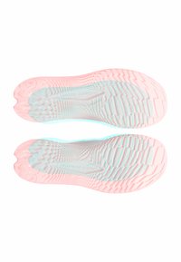 Semelle de chaussure de sport au design hybride. Présente un motif texturé rose et bleu clair, des bords arrondis et un relief distinct pour une meilleure adhérence.