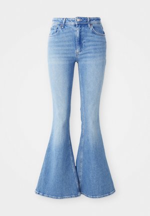 Hoge taille lichtblauwe denim jeans met een flared bell-bottom snit, sluiting met voorste knop en ritssluiting, en vijf-pocket styling.