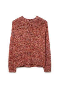 Suéter de punto en tonos rojo, naranja y crema. Presenta un cuello redondo, mangas largas y puños y dobladillo acanalados. Tejido texturizado y acogedor.